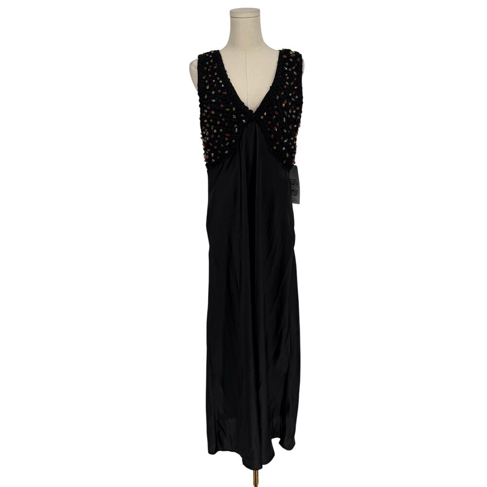 NWT Never Fully Dressed Crochet Satin Beaded Midi Allegra Slip Dress Black 14